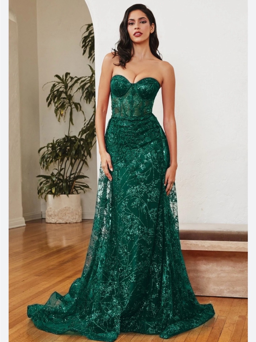 Cinderella Divine Glitter Fitted Strapless Overskirt Gown Dress Emerald Green 2